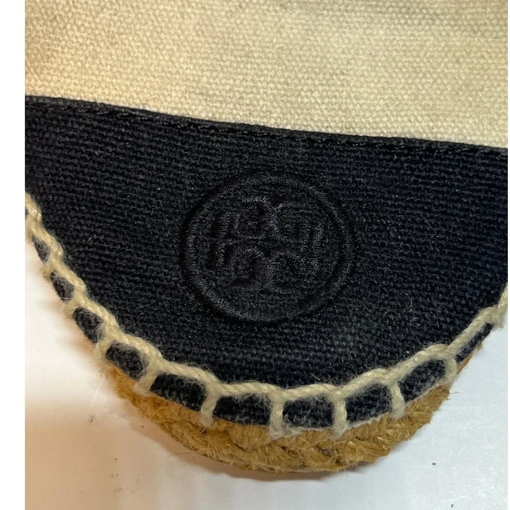 Tory Burch Espadrille Flats Black Toe Cap Beige Canvas Slip On Shoes‎ Size 8.5